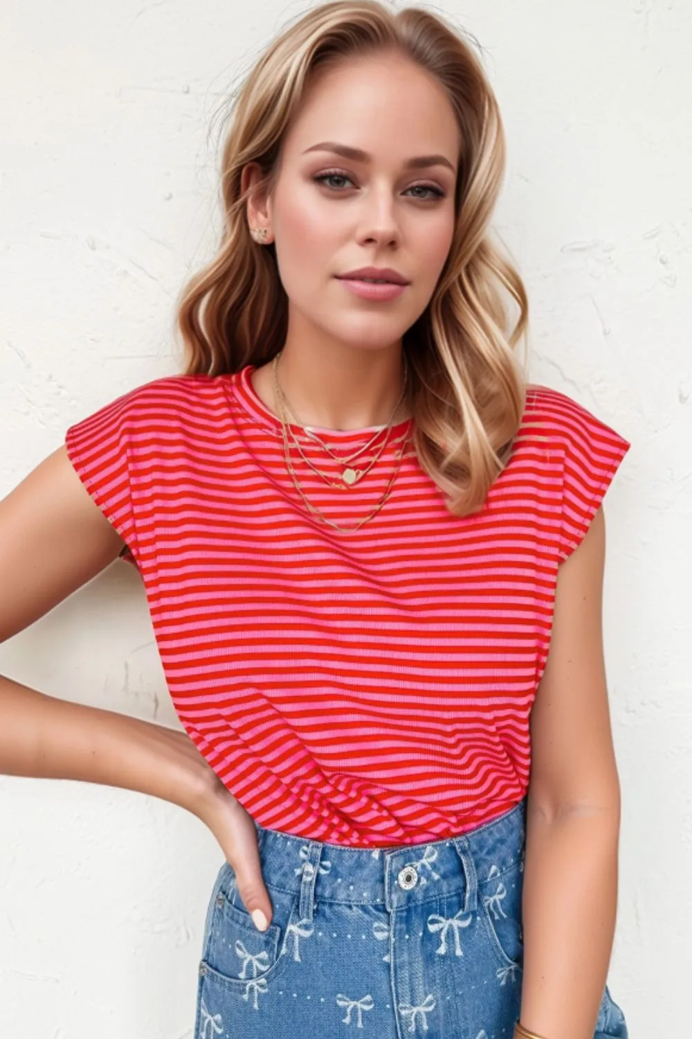 Stripe Ribbed Cap Sleeve Round Neck T Shirt, image 11