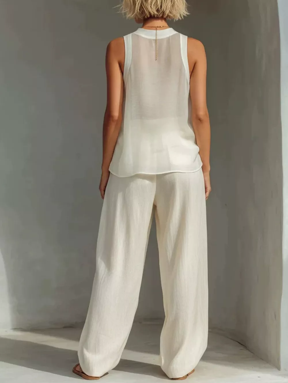 Full Size Sheer Sleeveless Top and Wide-Leg Pants Set Plus Size, image 3