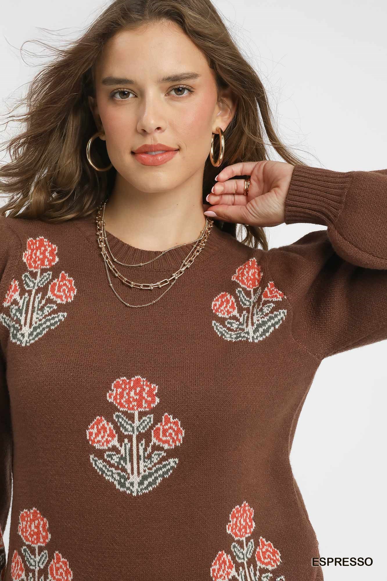 Floral Knit Sweater with Puff Sleeves, image 5