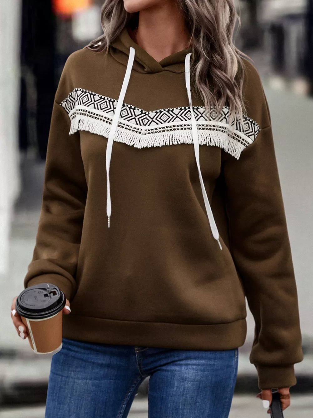 Fringe Detail Long Sleeve Drawstring Hoodie, image 17
