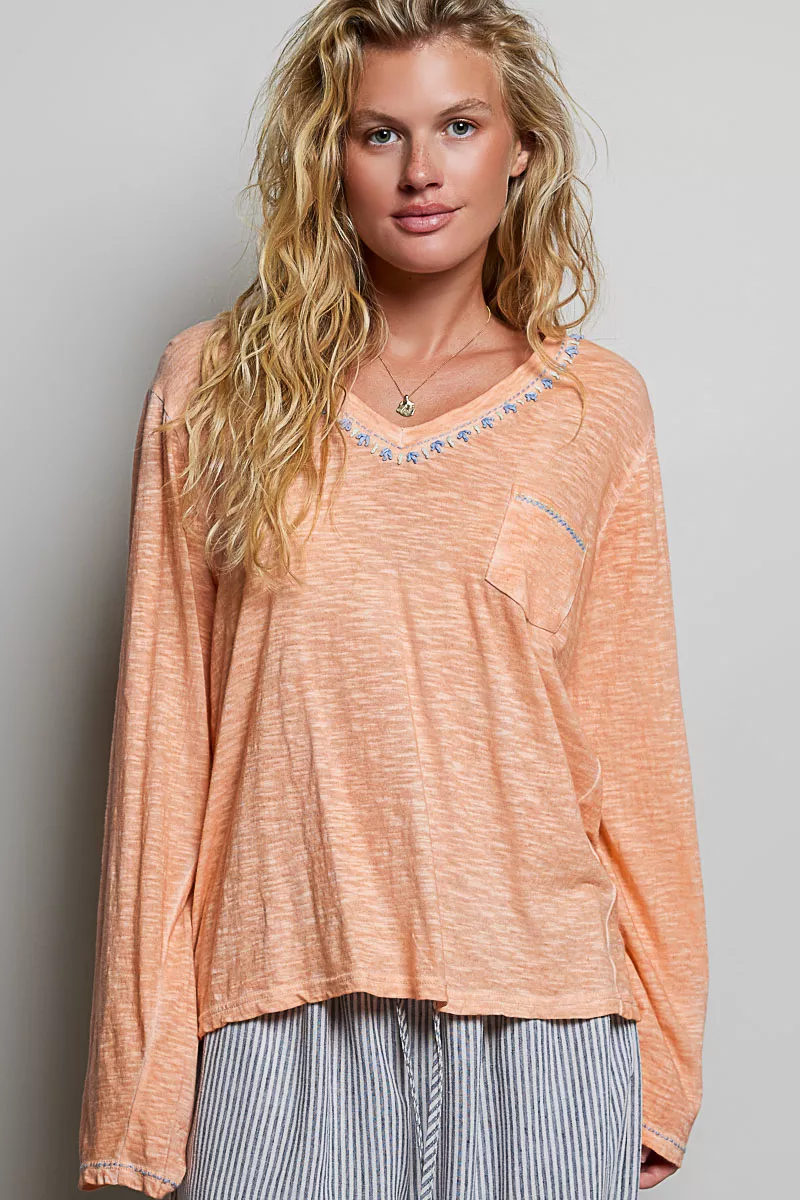 POL Contrast Stitch V-Neck Lightweight Knit Long Sleeve Top, image 4
