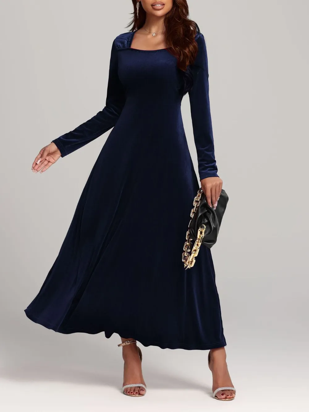 Square Neck Long Sleeve Velvet Dress, image 8