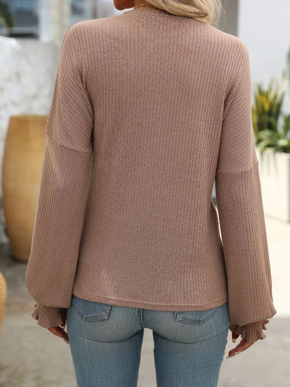 Ribbed Round Neck Long Sleeve T-Shirt, image 3