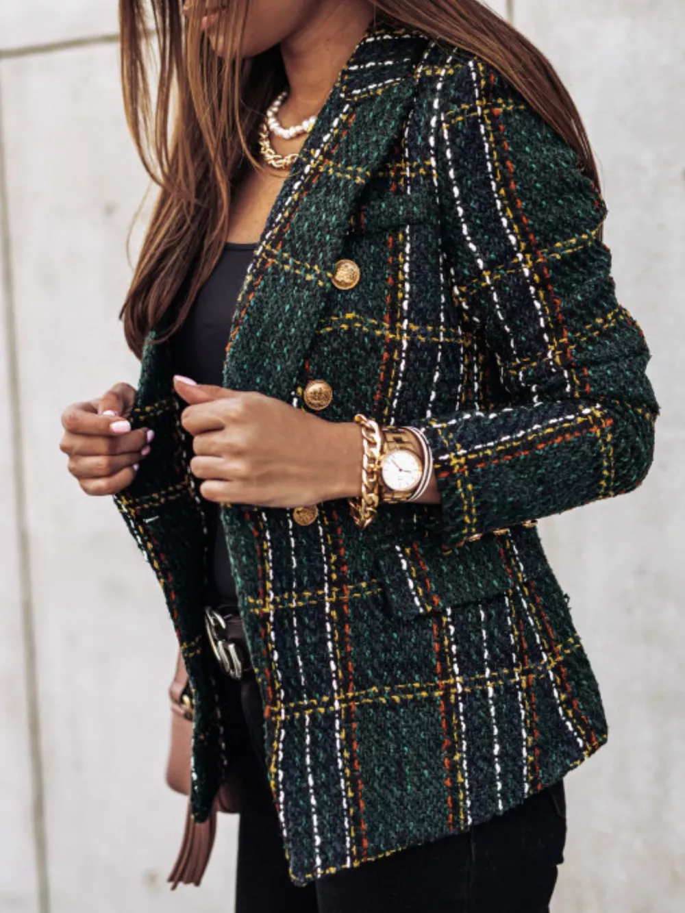 Full Size Plaid Tweed Double-Breasted Blazer Plus Size, image 11