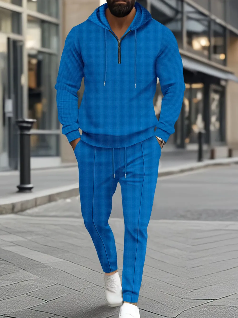 Men's Full Size Waffle-Knit Half Zipper Hoodie and Pants Set Plus Size, image 5