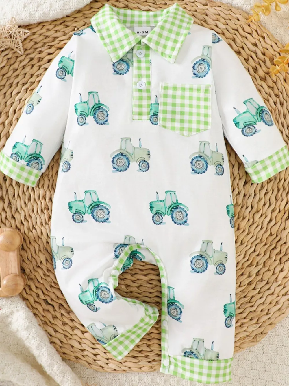 Children's Tractor Print Gingham Trim Baby One-Piece