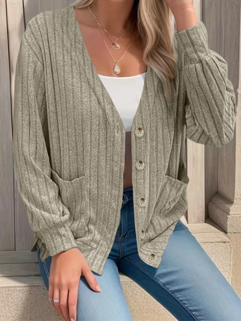 Full Size Button Up V-Neck Long Sleeve Cardigan, image 6
