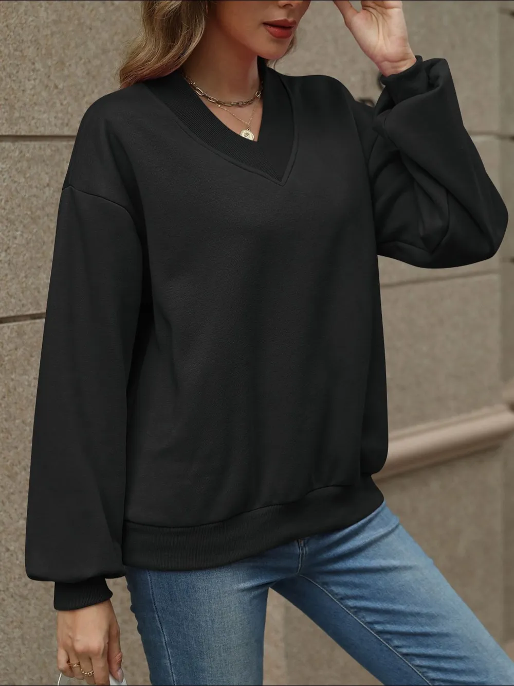 V-Neck Long Sleeve Dropped Shoulder Sweatshirt, image 15