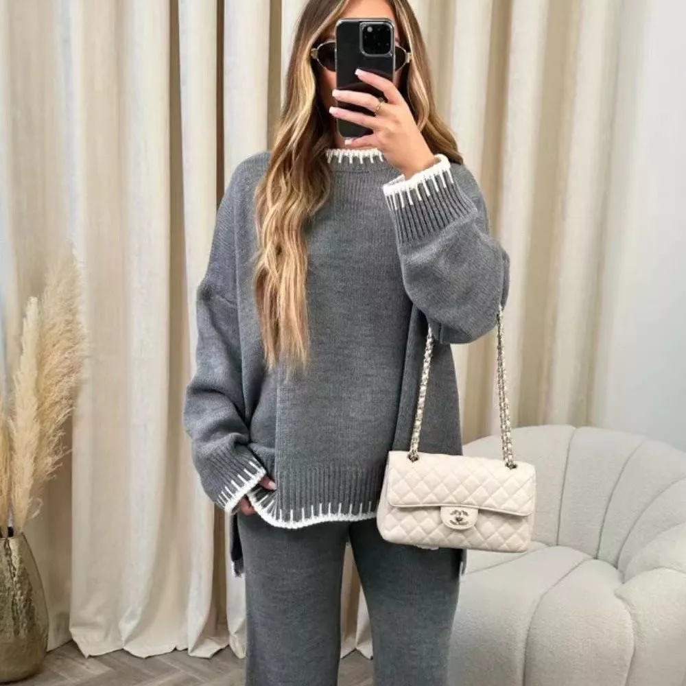 Contrast Trim Round Neck Top and Pants Sweater Set, image 8