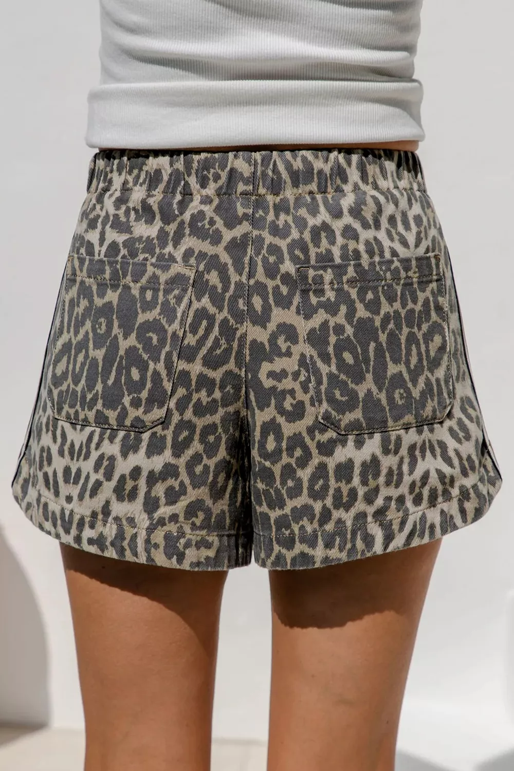 Multicolour Leopard Pattern Striped Detail Drawstring Denim Shorts, image 2