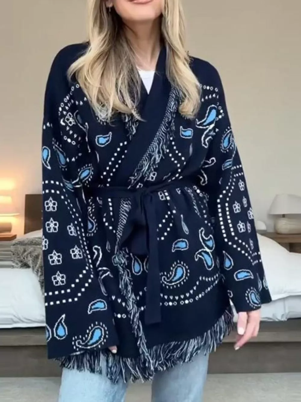 Printed Fringe Long Sleeve Cardigan, image 2