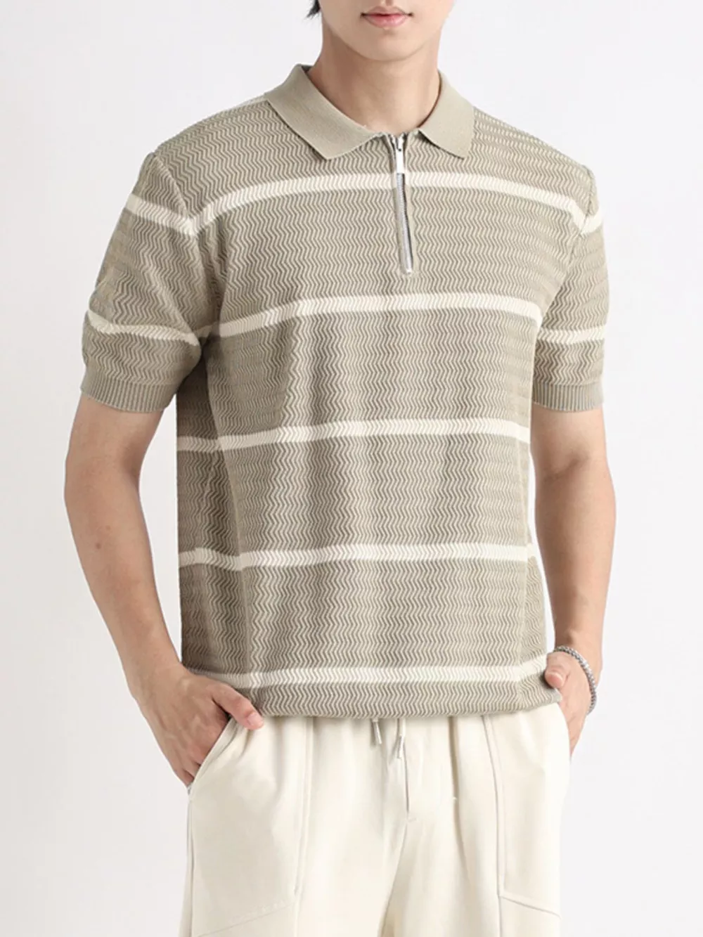 Men's Plus Size Striped Zip-Up Knit Polo, image 5