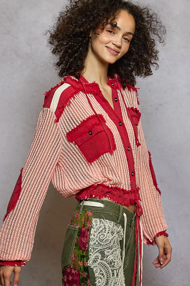 Texture Woven Button Down Hooded Shirt with Drawstring Hem, image 3