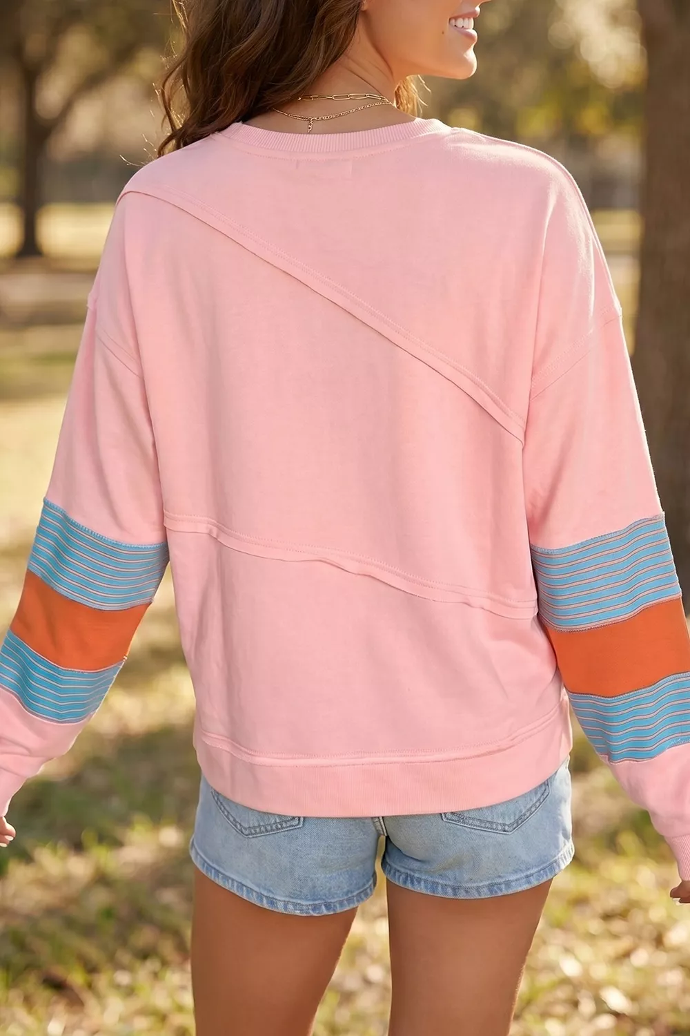 Colorblock Striped Patchwork Long Sleeve Round Neck Blouse, image 3