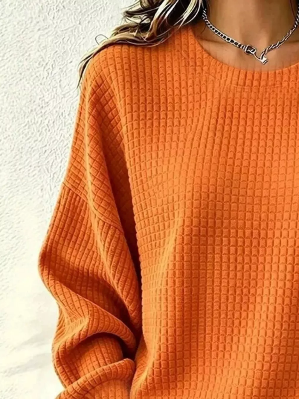 Full Size Waffle Knit Long Sleeve Crew Neck Sweatshirt Plus Size, image 11