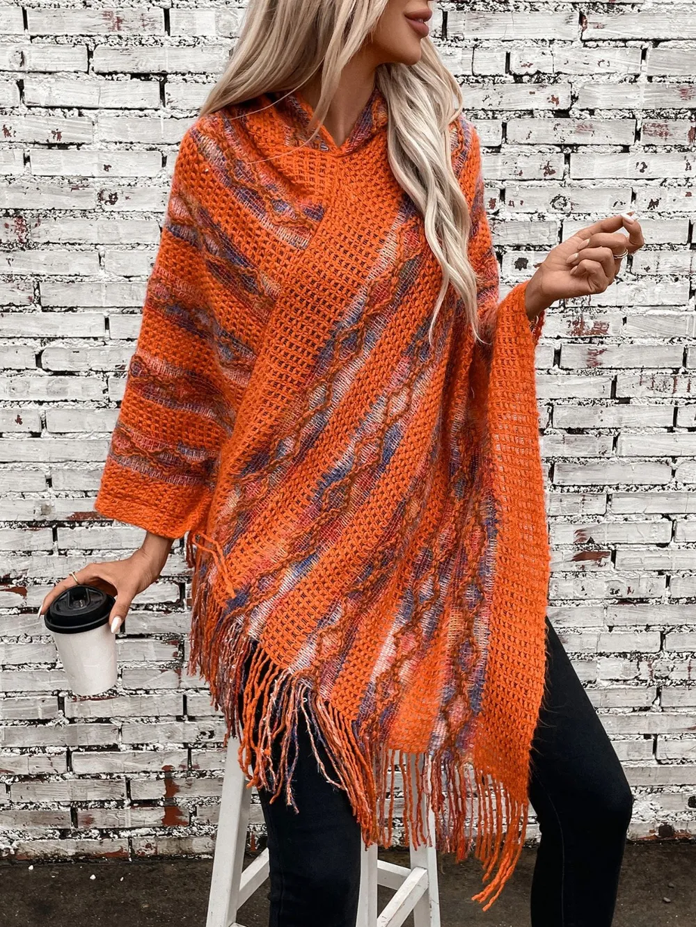 Fringe Contrast Hooded Poncho, image 21