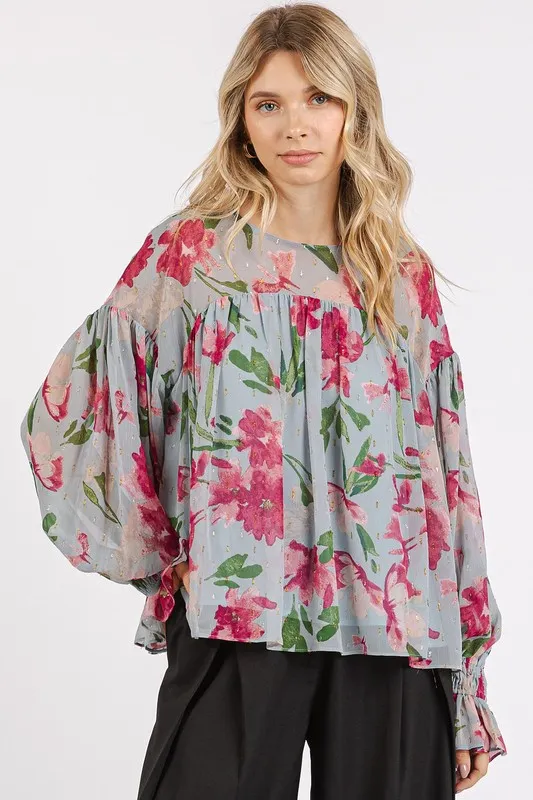 Floral Round Neck Flounce Sleeve Blouse, image 4