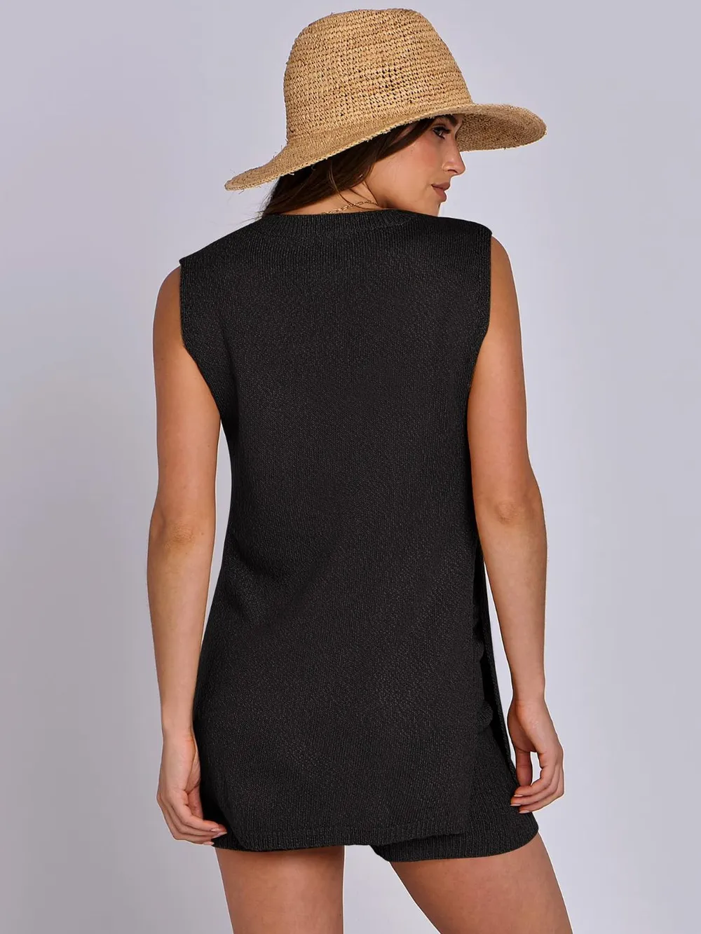 Side Slit Round Neck Tank and Ribbed Shorts Sweater Set, image 15