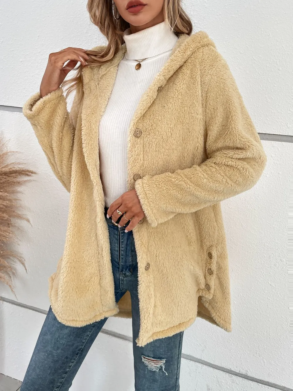 Fuzzy Button Up Hooded Jacket, image 3