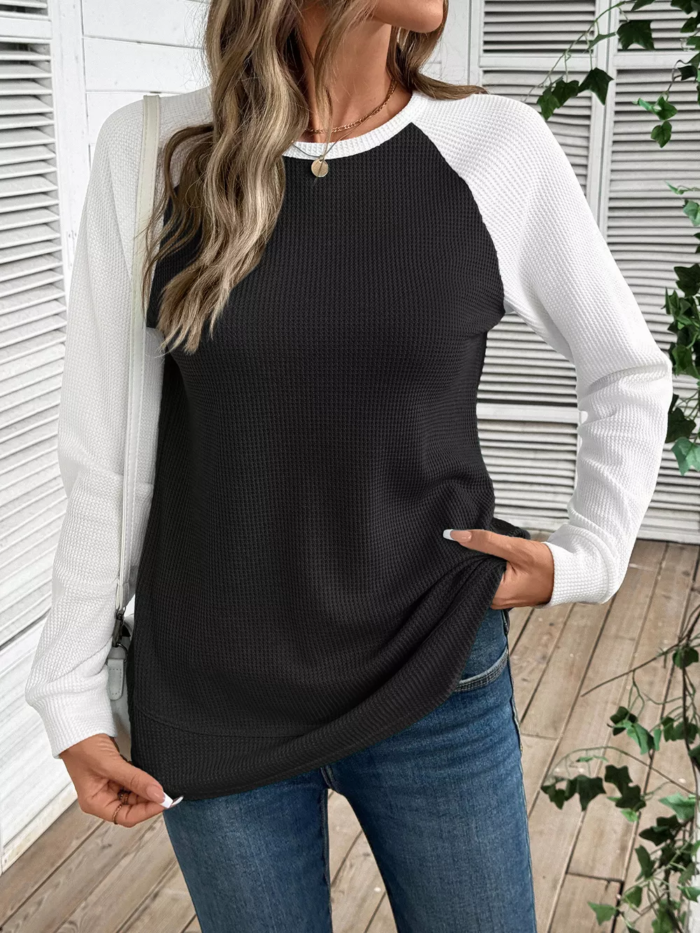 Contrast Raglan Sleeve Waffle Knit T-Shirt, image 2