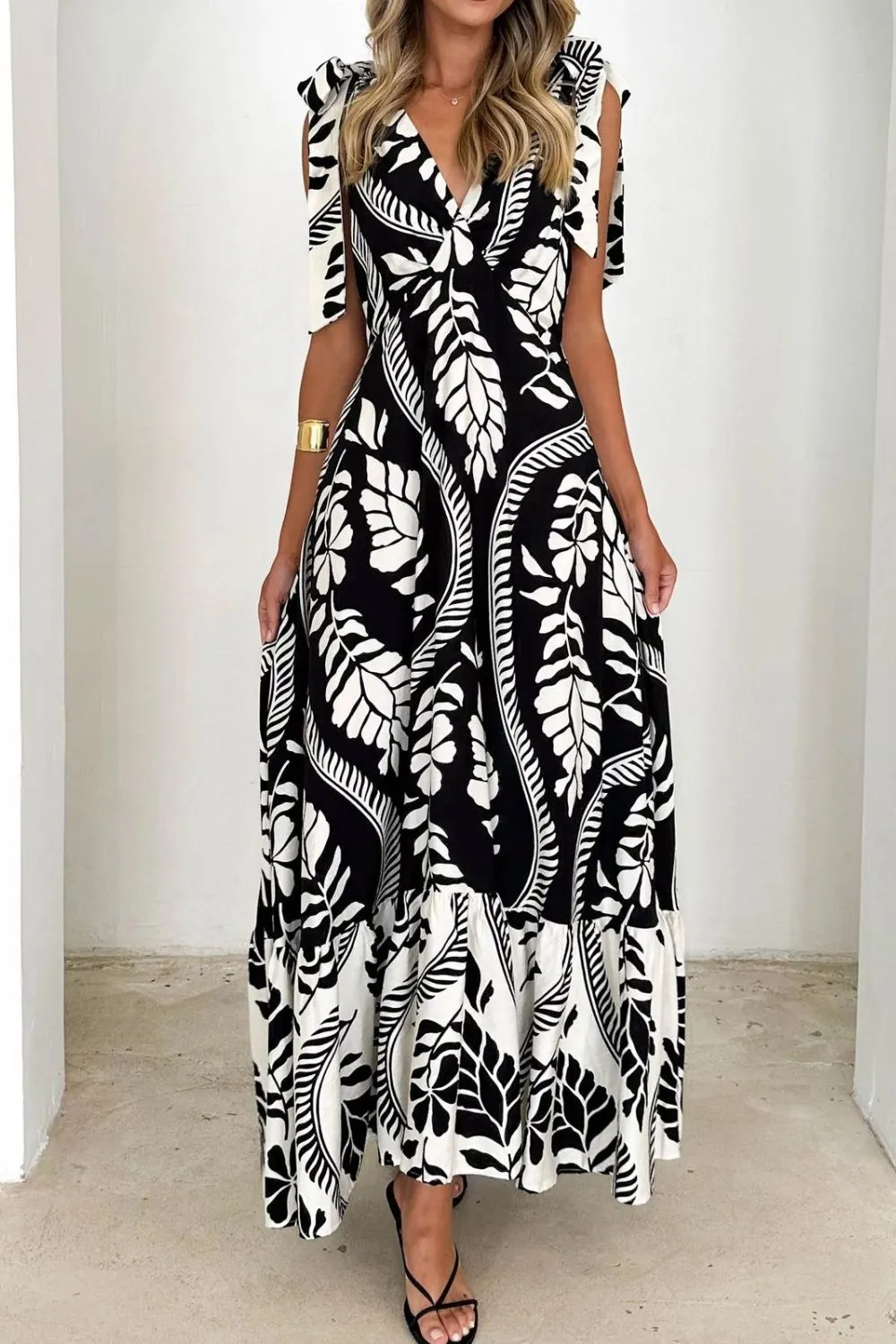 Printed V-Neck Tie Shoulder Midi Cami Dress