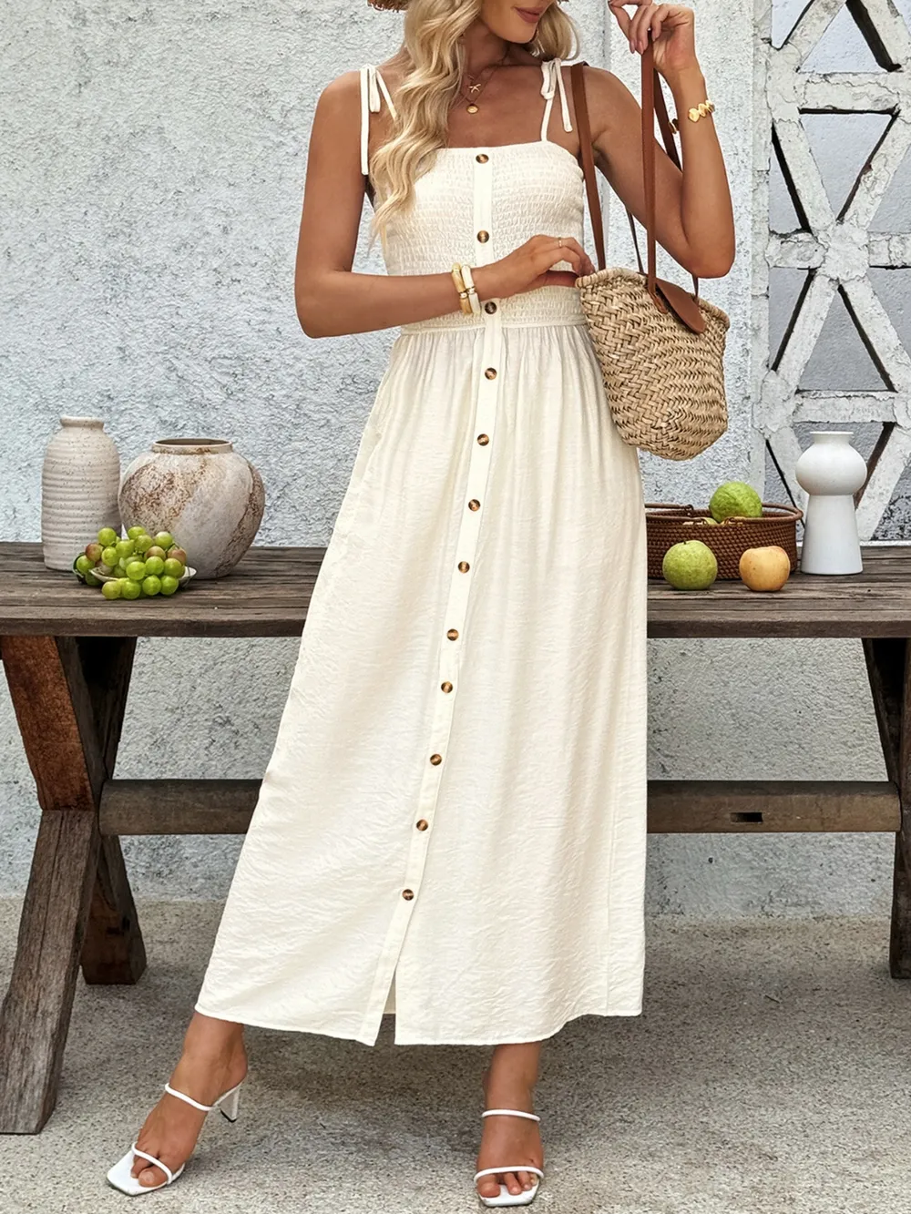 Smocked Button Front Tie Shoulder Dress, image 9
