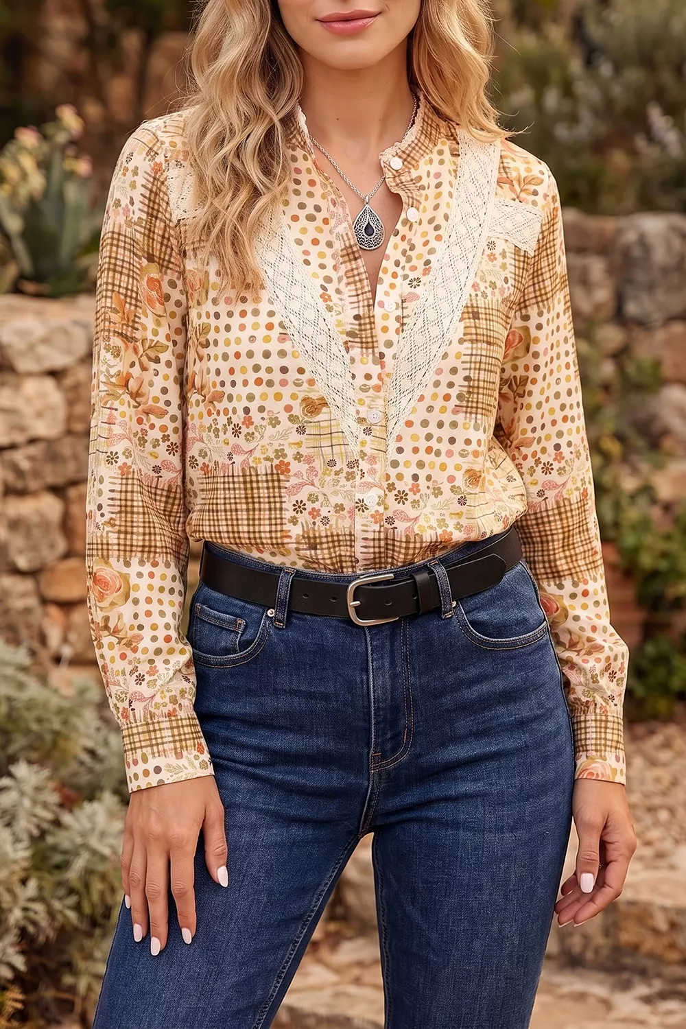 Floral Lace Trim Button Down Long Sleeve Shirt, image 2