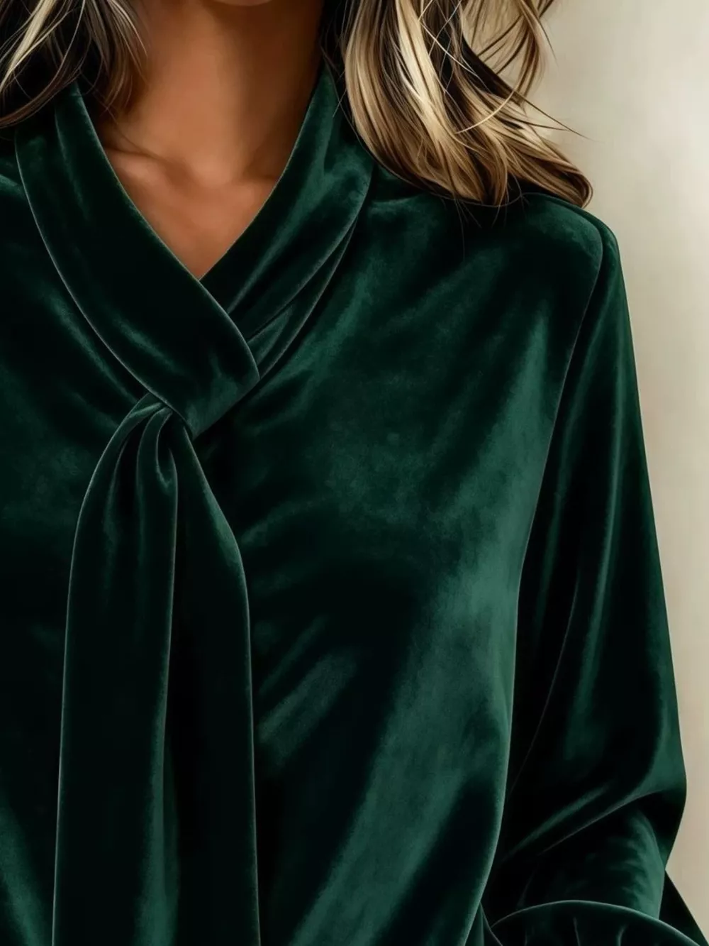 Full Size Velvet Tie-Neck Long Sleeve Top Plus Size, image 7