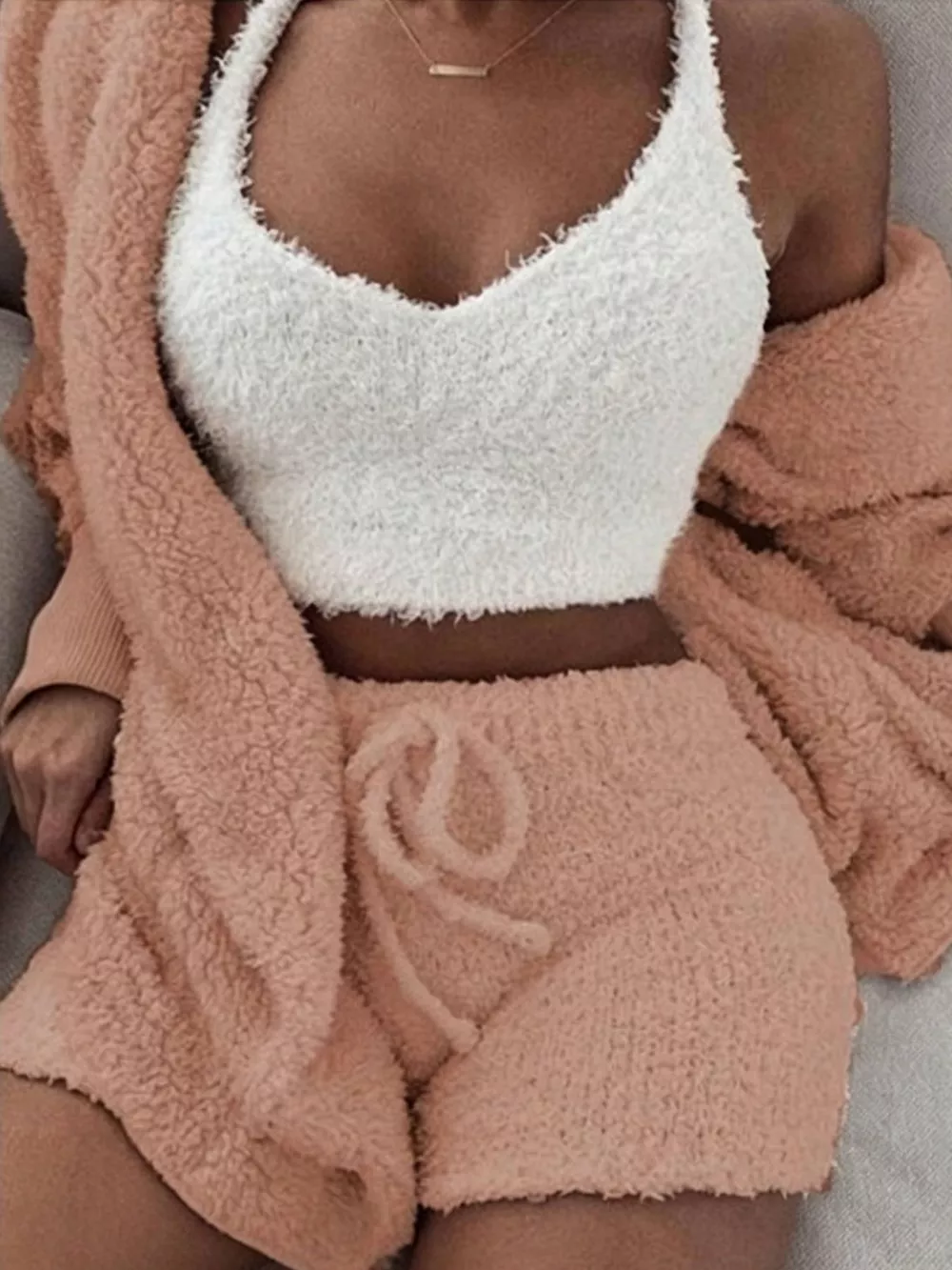 Full Size 3-Piece Fuzzy Plush Cardigan and Shorts Lounge Set with Crop Top Plus Size, image 12