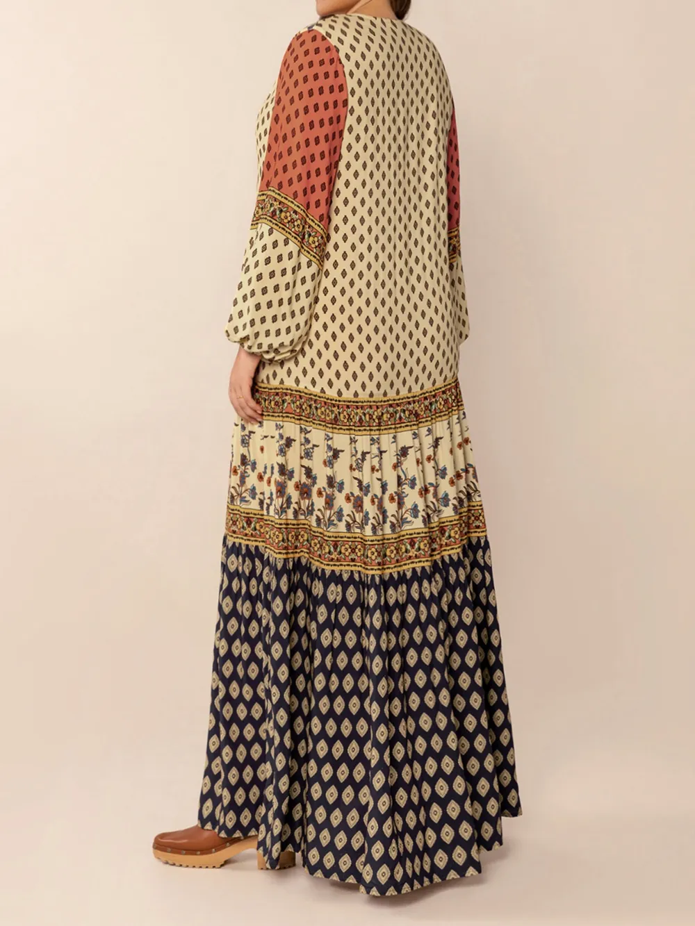 Printed V-Neck Balloon Sleeve Maxi Dress, image 7