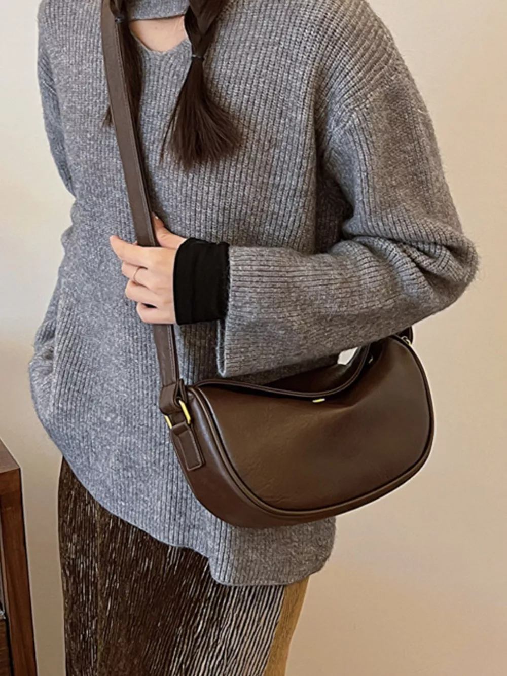 Elegant PU Leather Crescent Crossbody Bag, image 2