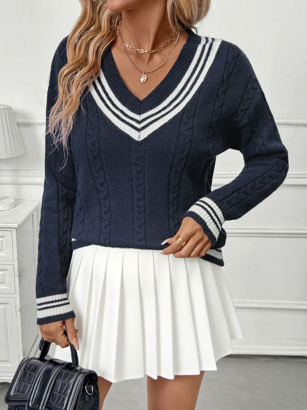Contrast Striped V-Neck Sweater, image 9