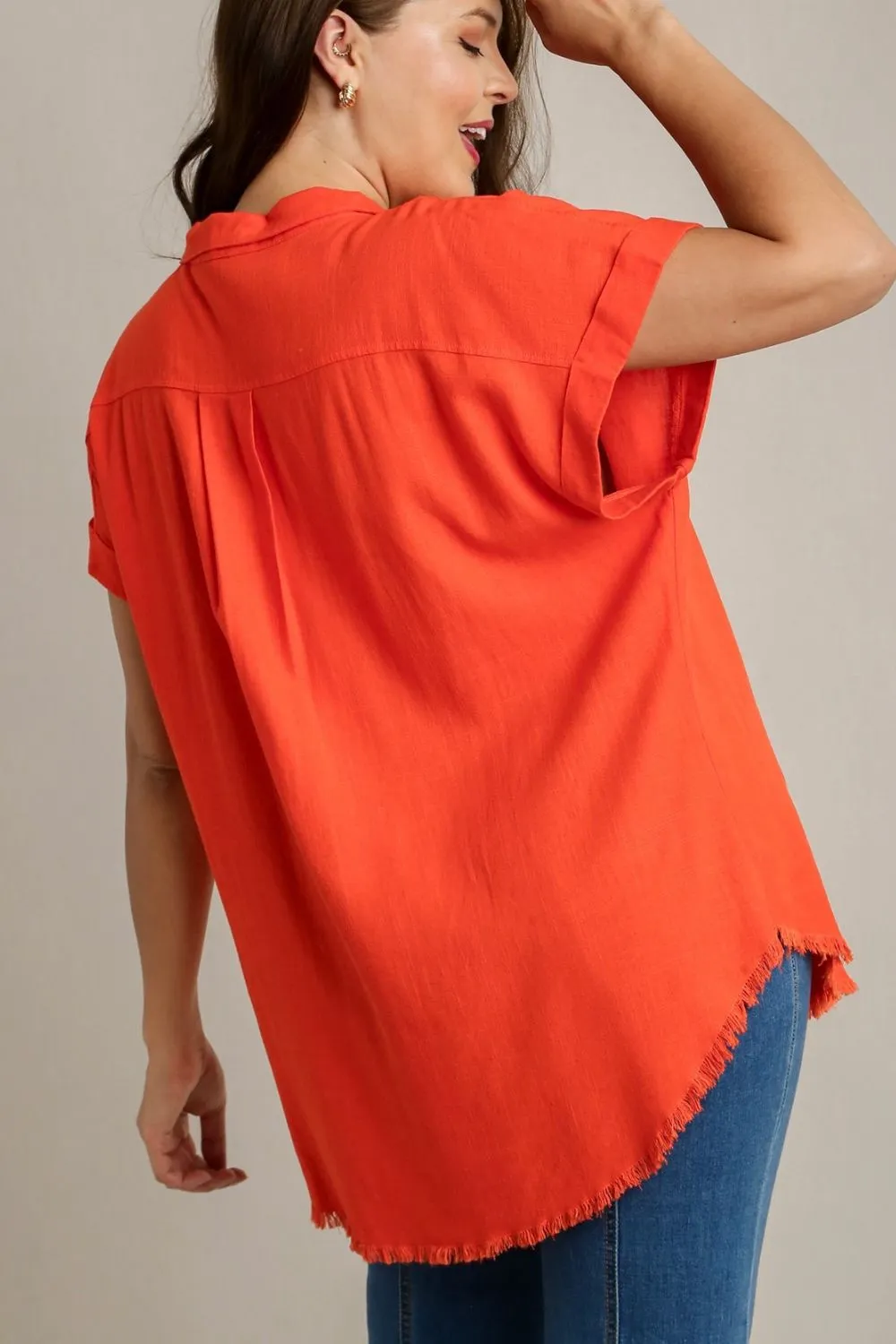 Full Size Linen Blend Button Down Short Folded Sleeve Shirt Plus Size, image 4