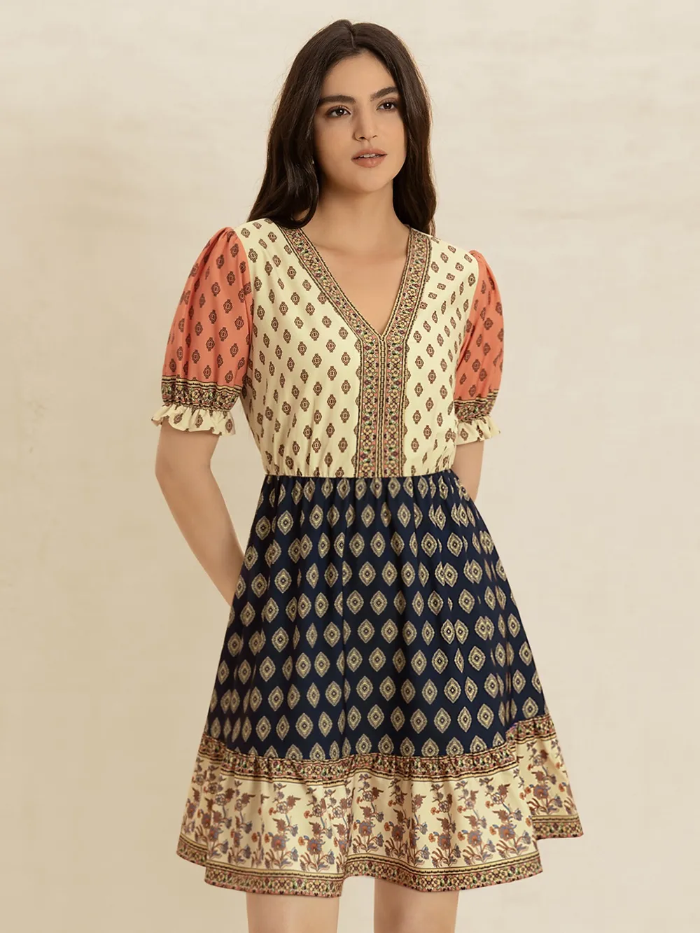 Printed V-Neck Short Sleeve Dress, image 7
