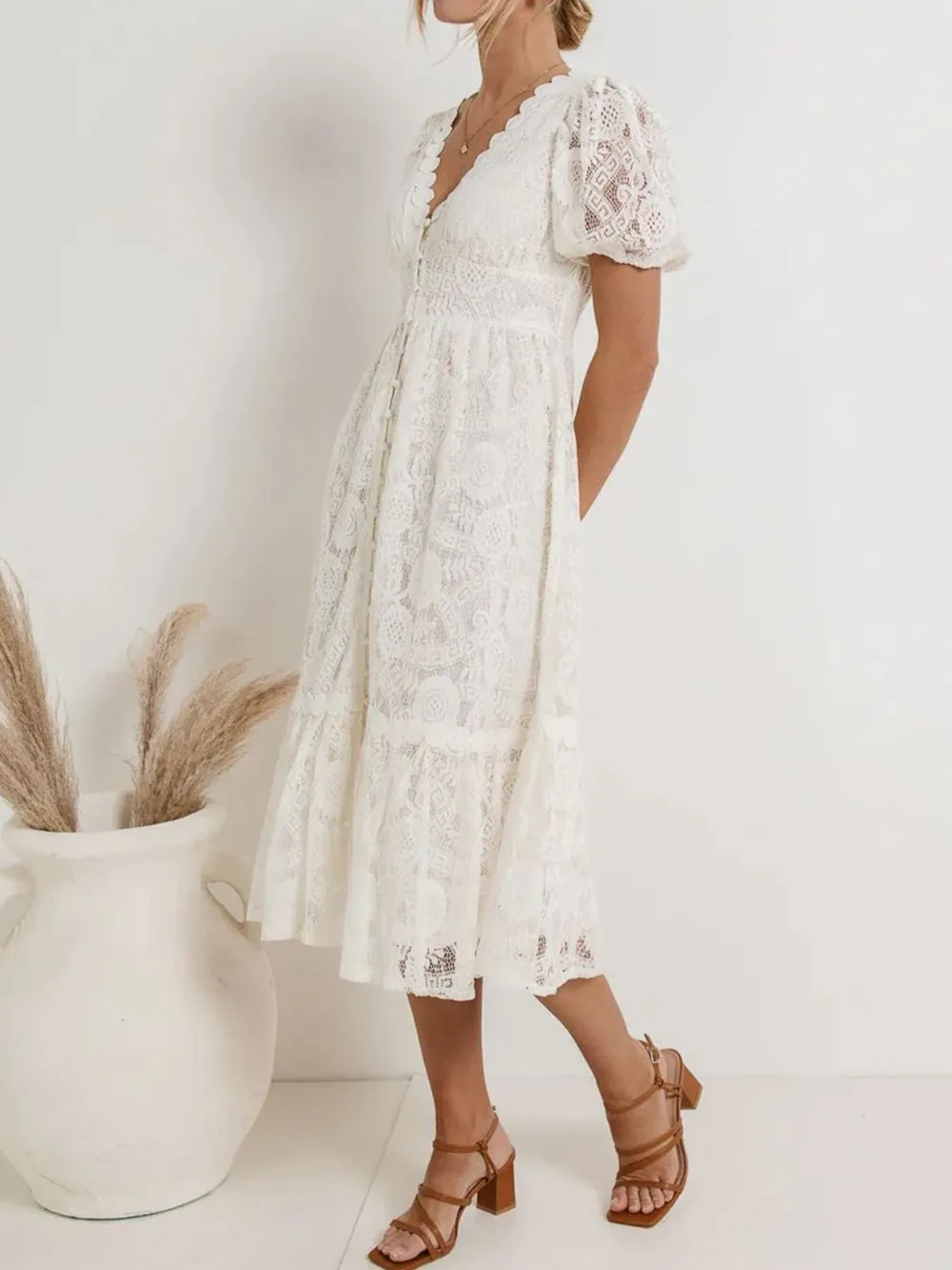 Lace V-Neck Short Sleeve Dress, image 5