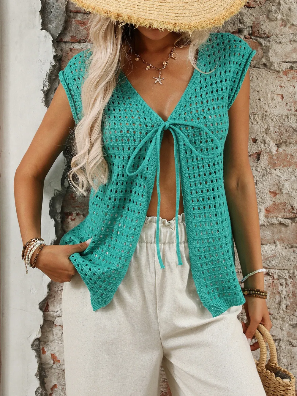 Tied Front Openwork V-Neck Knit Top, image 21
