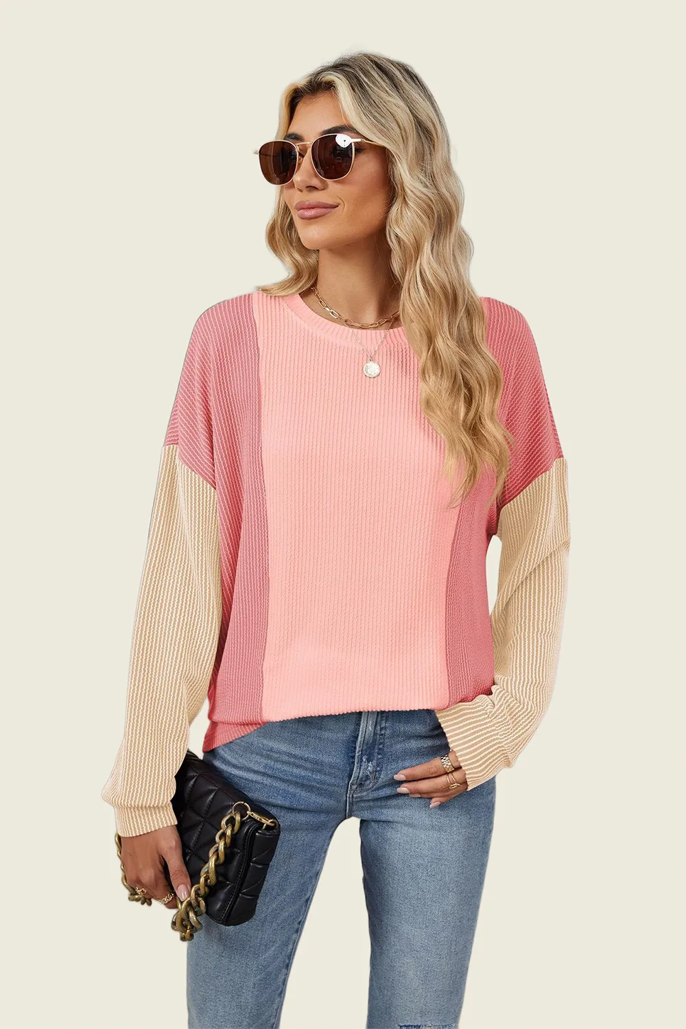 Texture Contrast Round Neck Long Sleeve T-Shirt, image 19