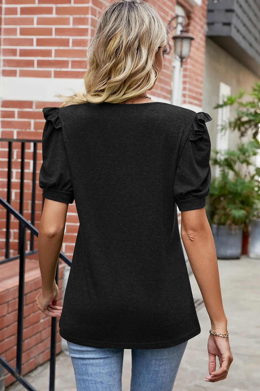 Round Neck Ruffle Trim Short Sleeve T-Shirt, image 3