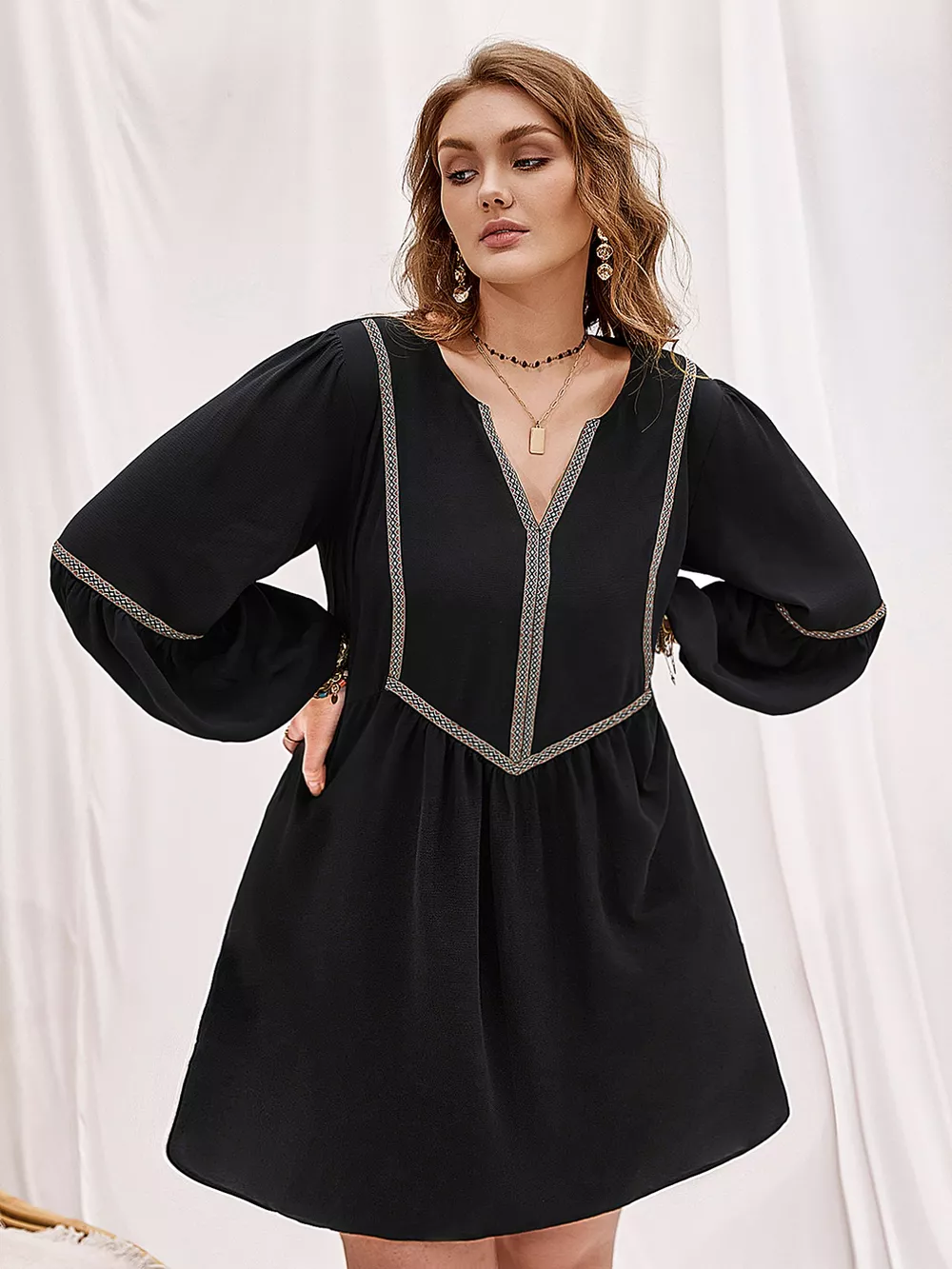 Plus Size Notched Balloon Sleeve Mini Dress, image 5