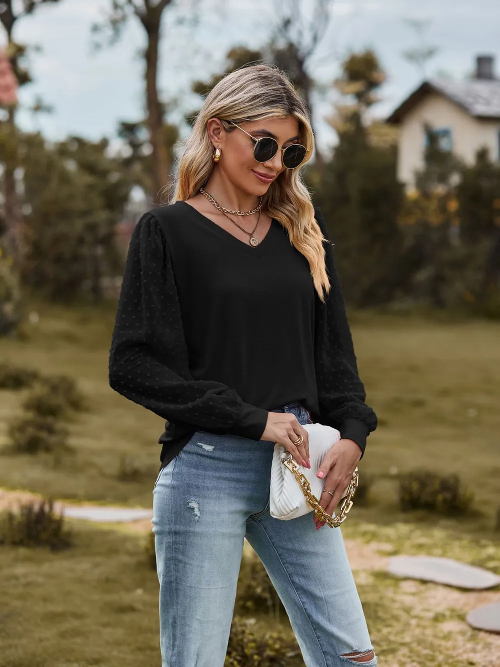 Swiss Dot V-Neck Long Sleeve Blouse, image 21