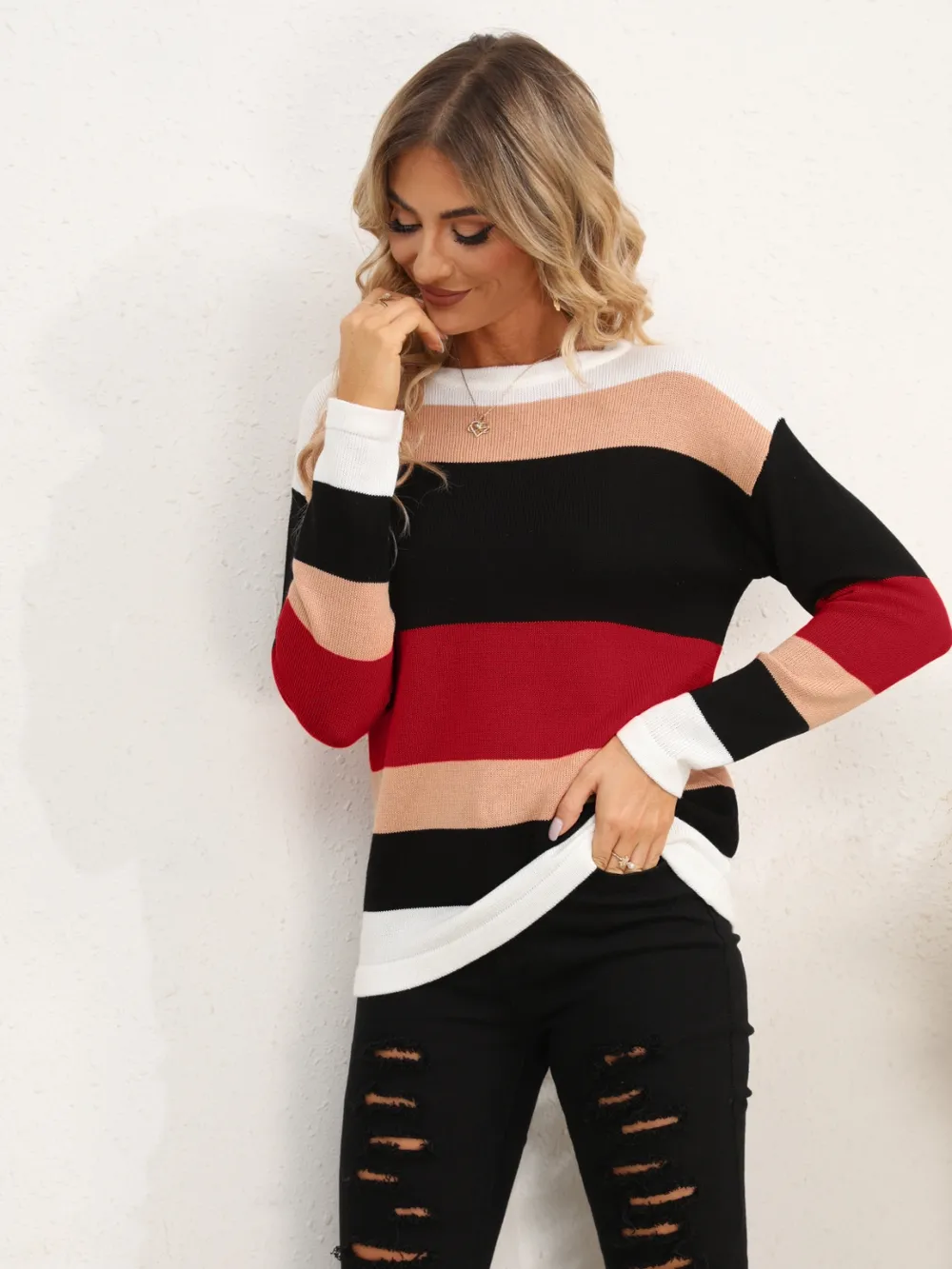Striped Round Neck Dropped Shoulder Sweater, image 9