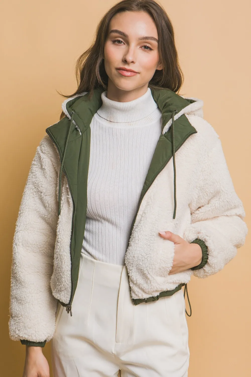 Zip Up Cropped Hooded Sherpa Reversible Jacket, image 3