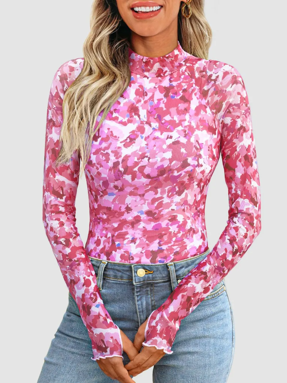 Floral Mock Neck Long Sleeve T-Shirt, image 15
