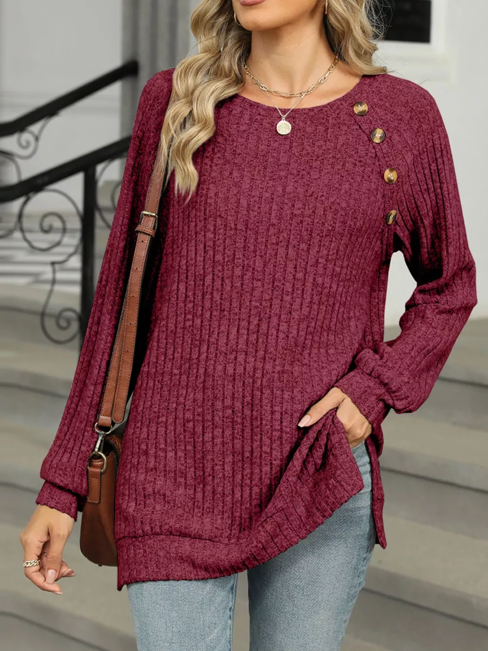 Round Neck Side Slit Ribbed Knit Top with Asymmetric Button Detail, image 22