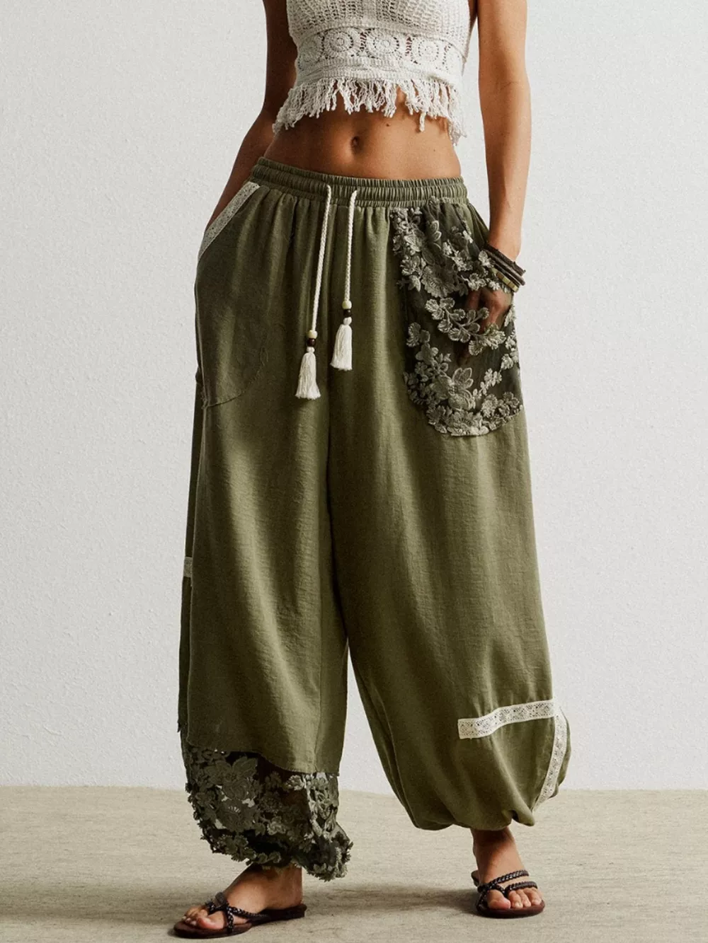 Lace Detail Drawstring Harem Pants, image 9