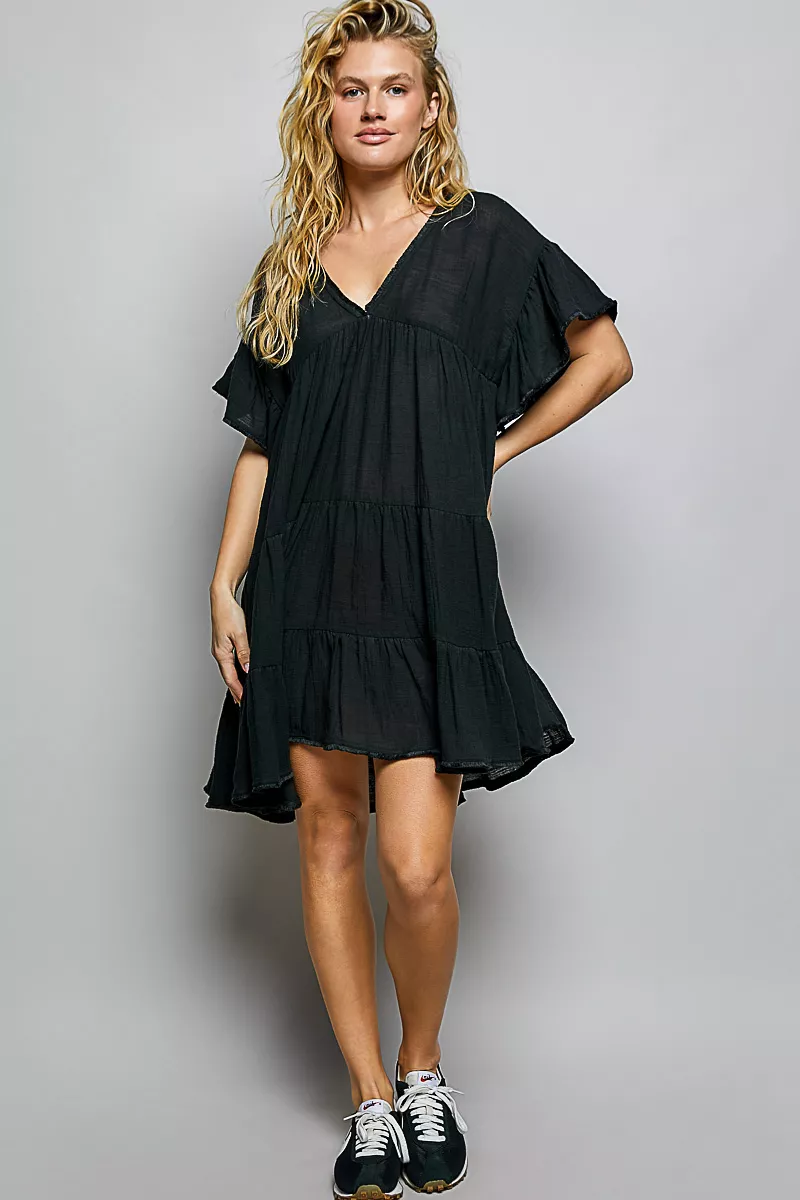 POL Ruffle Shirred V-Neck Short Sleeve Cotton Dress, image 5