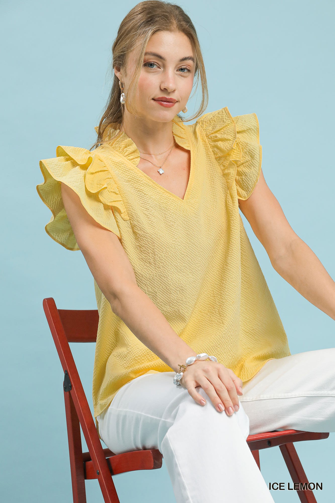 Textured Ruffle Sleeve V-Neck Blouse