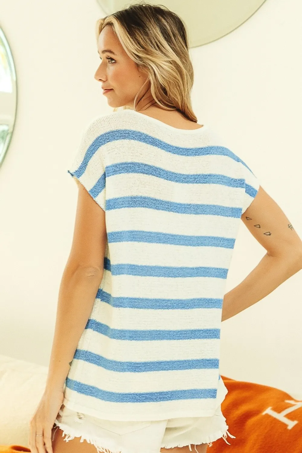 Striped Round Neck Short Sleeve Knit Top, image 2
