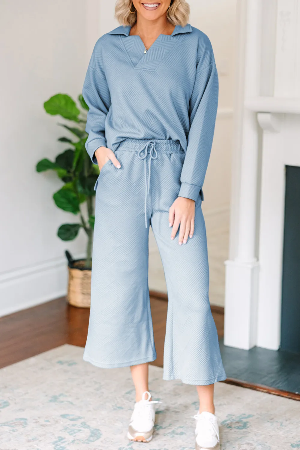 Textured Collared Neck Top and Wide Leg Pants Set, image 6