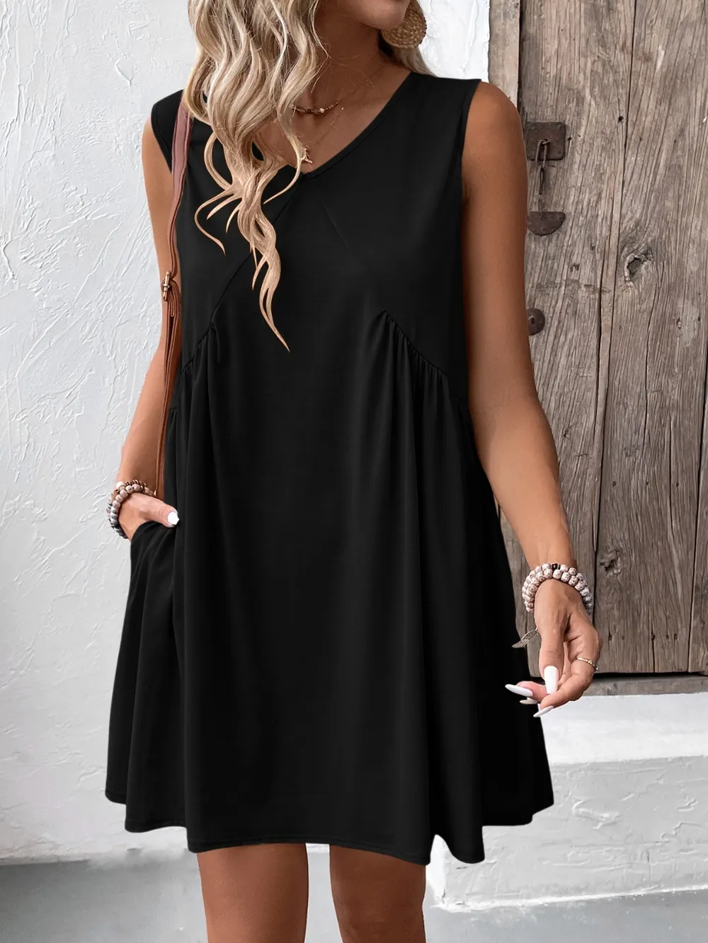 Ruched V-Neck Sleeveless Mini Dress, image 7